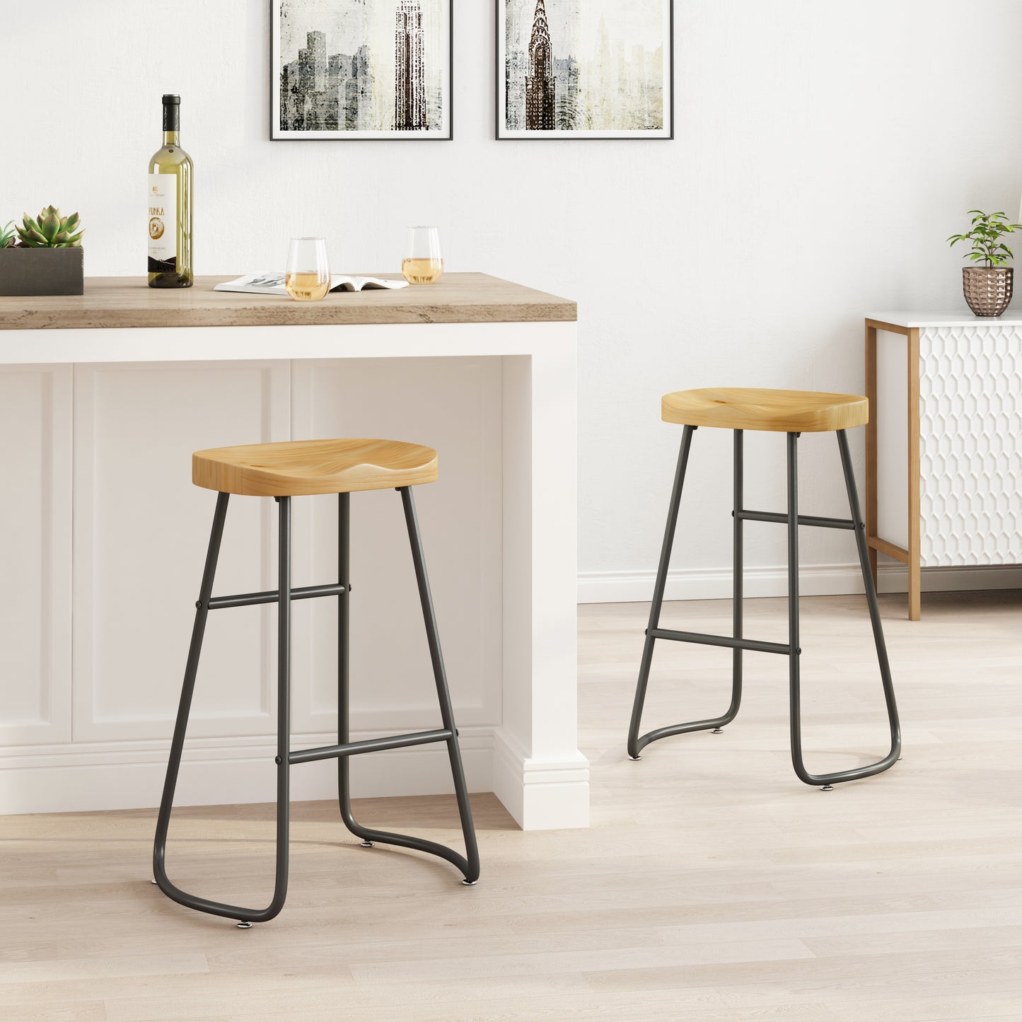 Stylish and Minimalist Bar Stools - Wood  Set of 2