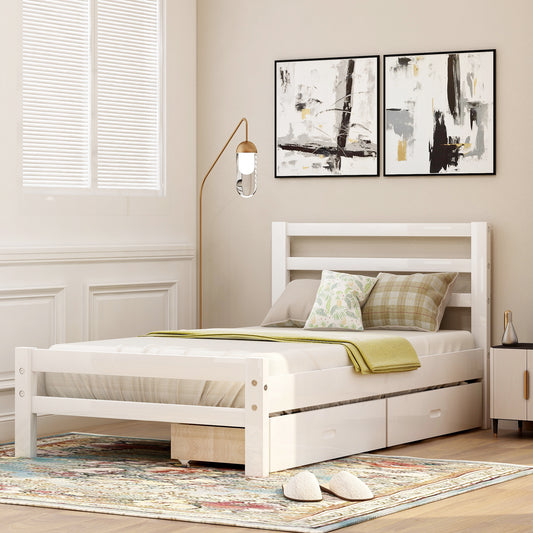 Cyril Twin Size Wood Platform Bed with Dual Drawers - White