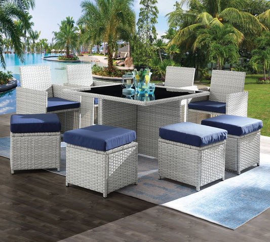 Trisha 9 Pc Patio Set, Blue Fabric & Wicker