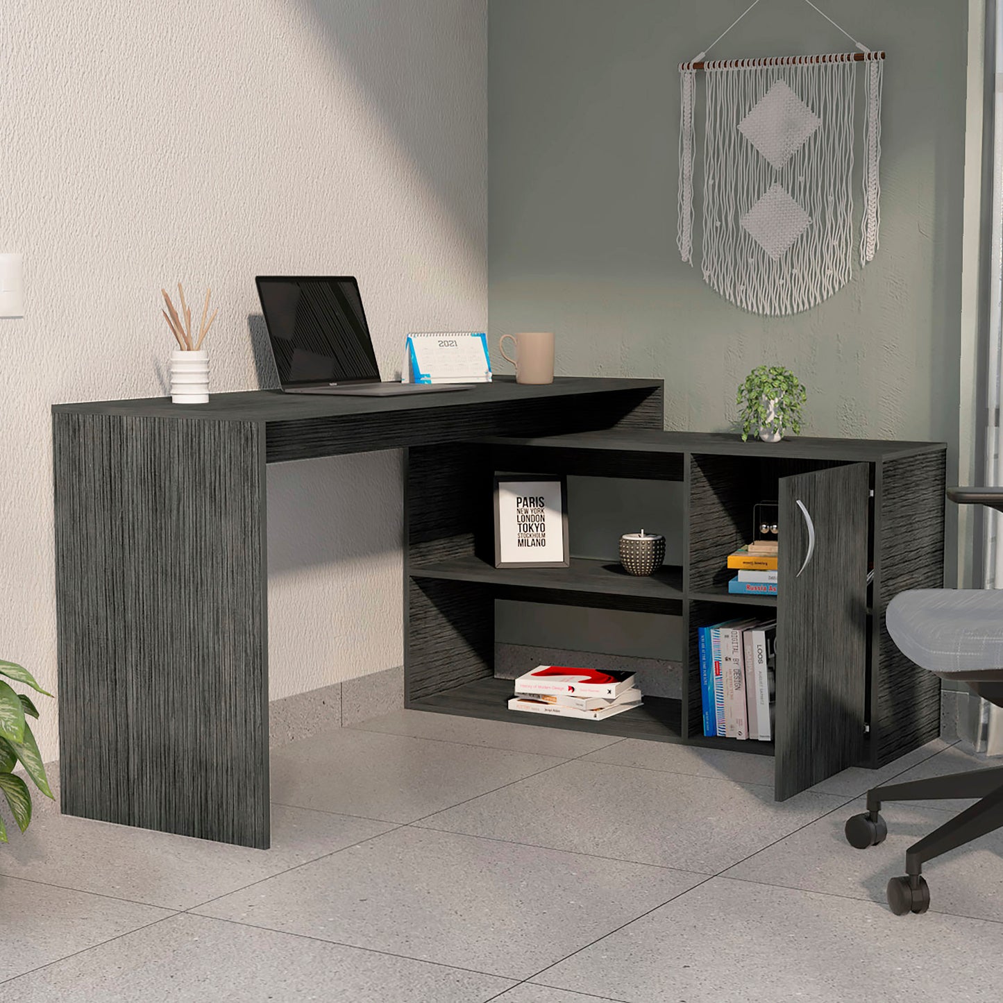 Eco Wood L-Shaped Office Desk - Smokey Oak