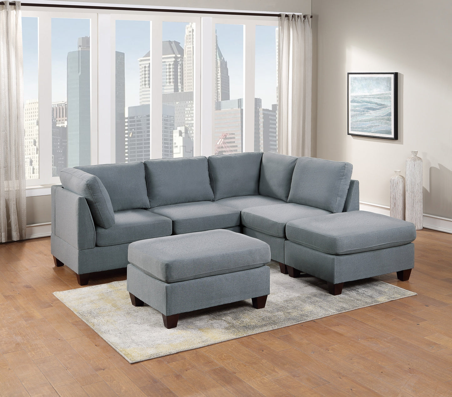 Ama Modular Sectional 6pc Set  2x Corner Wedge 2x Armless Chairs and 2x Ottomans - Grey