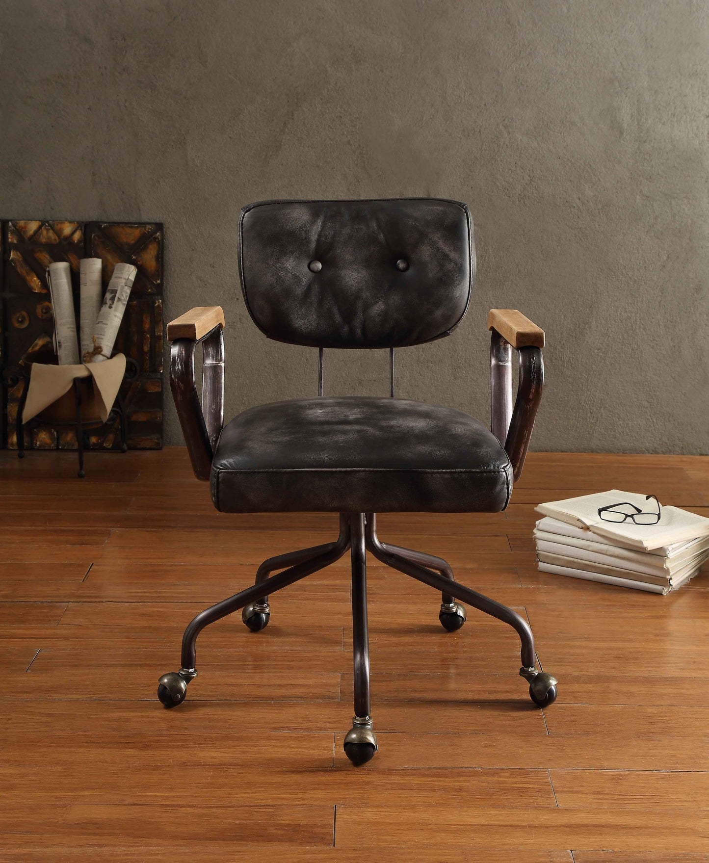 Vintage Black Top Grain Leather Office Chair