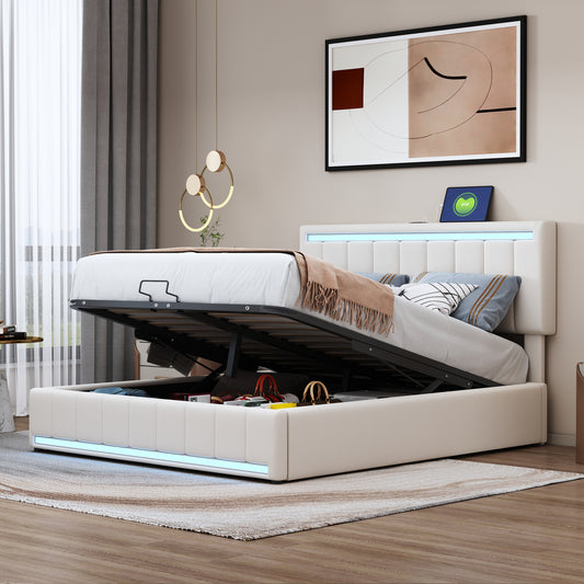 Vesper II Full Size Platform Bed with Hydraulic Storage System - Beige
