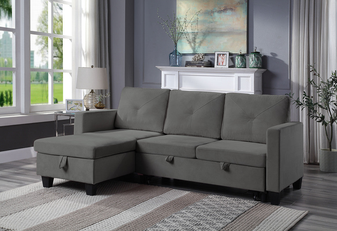 Nova Velvet Reversible Sleeper Sectional Sofa with Storage - Dark Gray