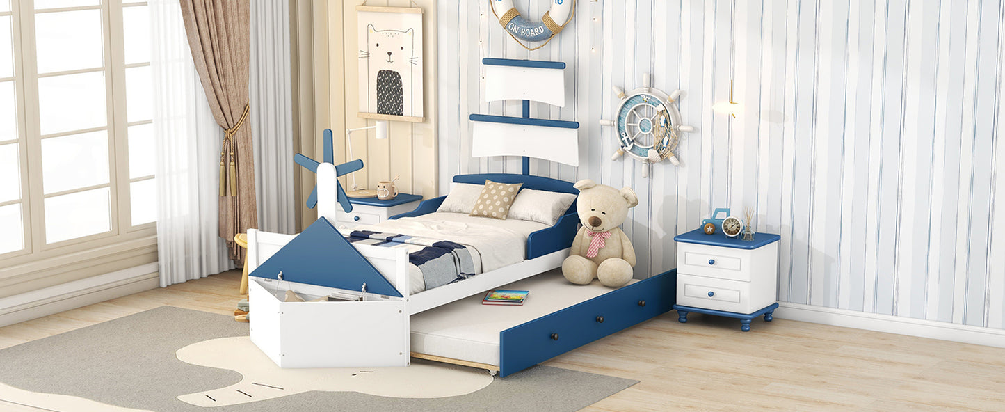 Seaside 3-Piece Bedroom Set: Twin Size Boat Platform Bed and Two Nightstands