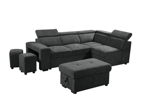 Henrik Sleeper Sectional Sofa with Storage Ottoman and 2 Stools - Dark Gray