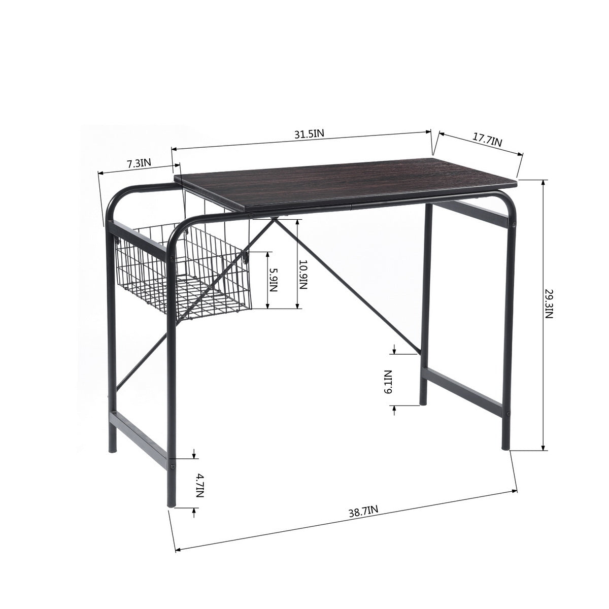 Computer Desk With Wire Storage Basket - walnut & black