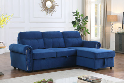 Ashton Velvet Fabric Reversible Sleeper Sectional Sofa Chaise - Blue