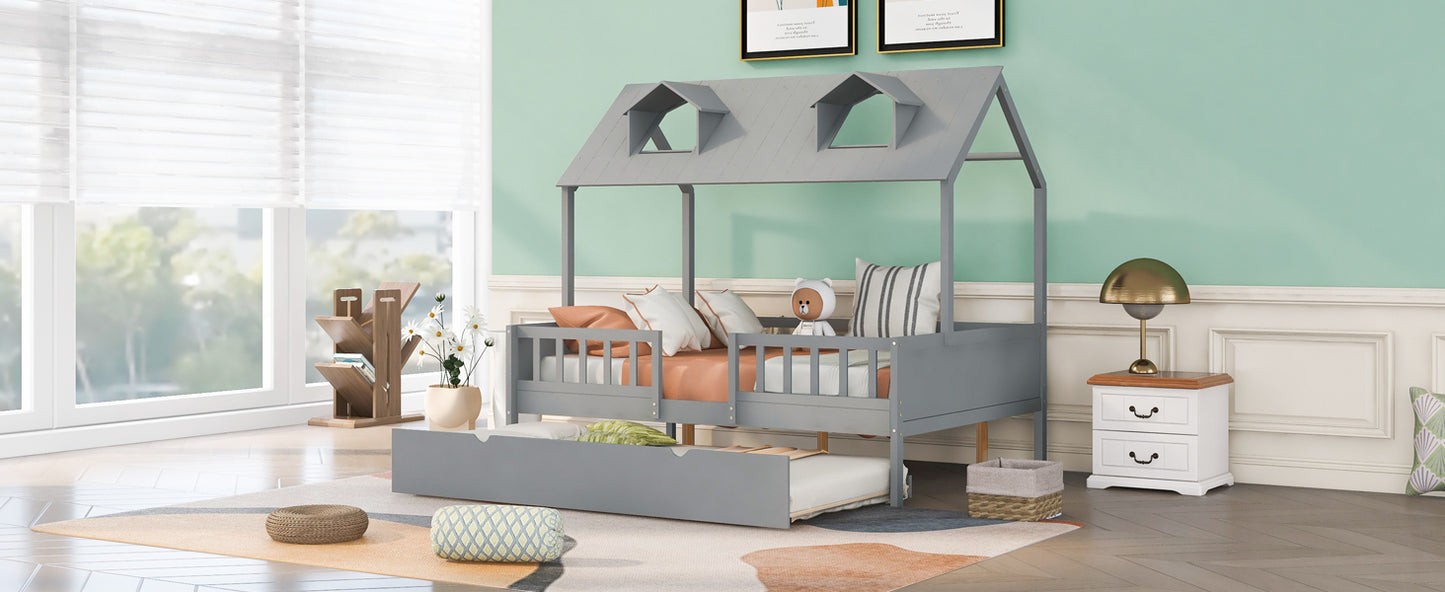 Full Size House Bed with Twin Size Trundle (Gray)