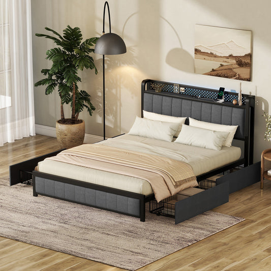 Kie Queen Size Bed Frame with LED - Dark Gray