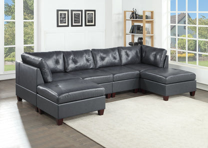 Nia Genuine Leather Tufted 6pc Sectional Set 2x Corner Wedge 2x Armless Chair 2x Ottomans - Black