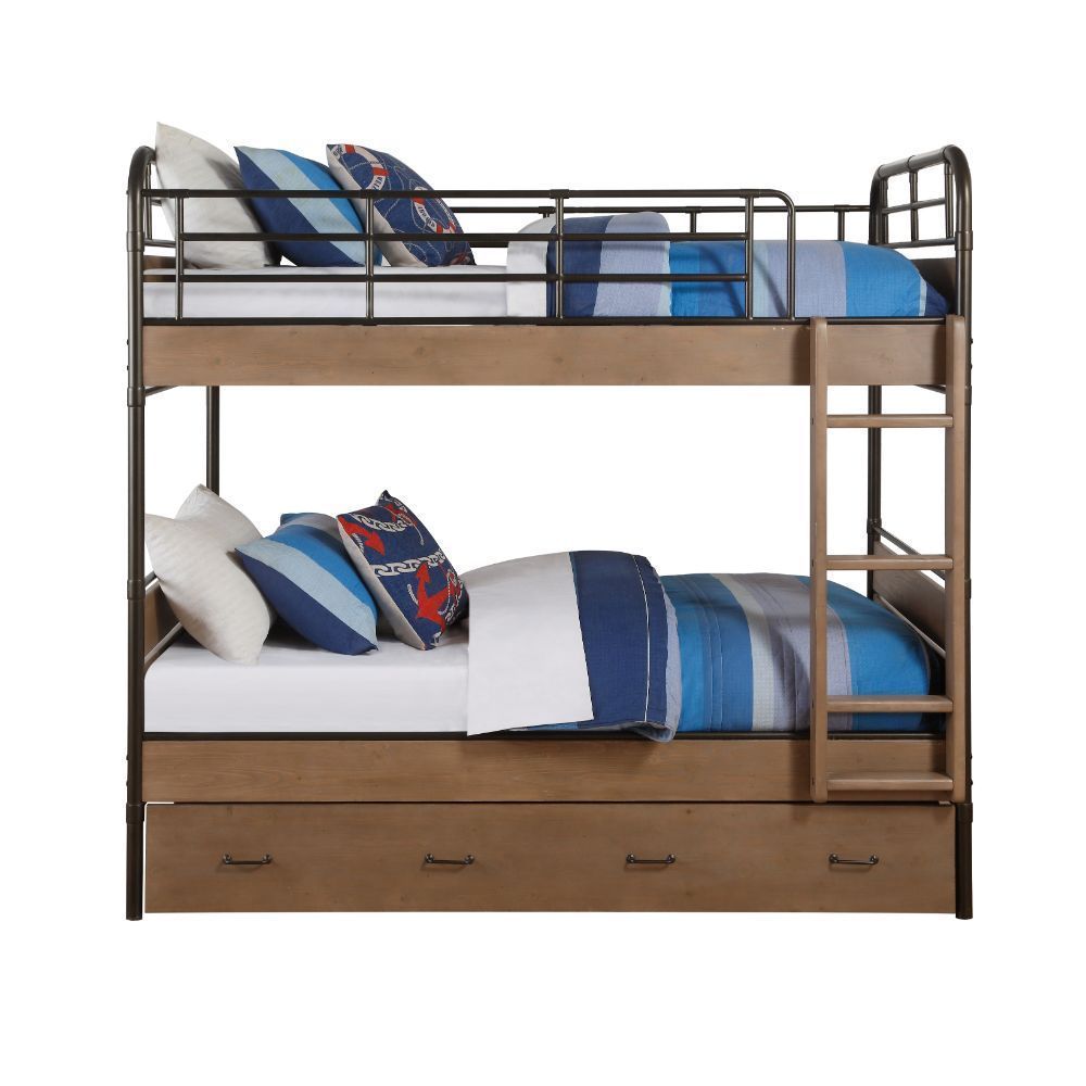 Youth Twin Bunk Bed in Gunmetal & Antique Oak with Trundle