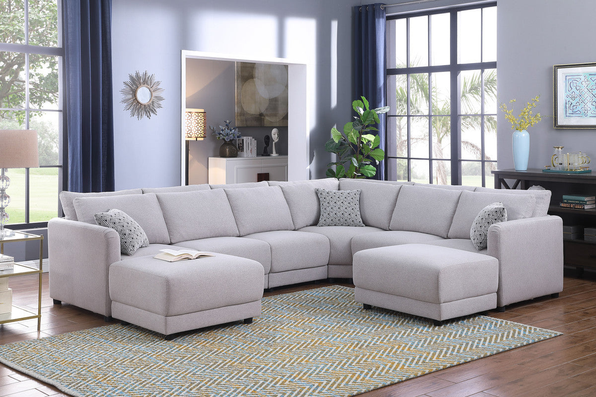 Penelope Linen Fabric Reversible 8PC Modular Sectional Sofa with Ottomans and Pillows - Light Gray