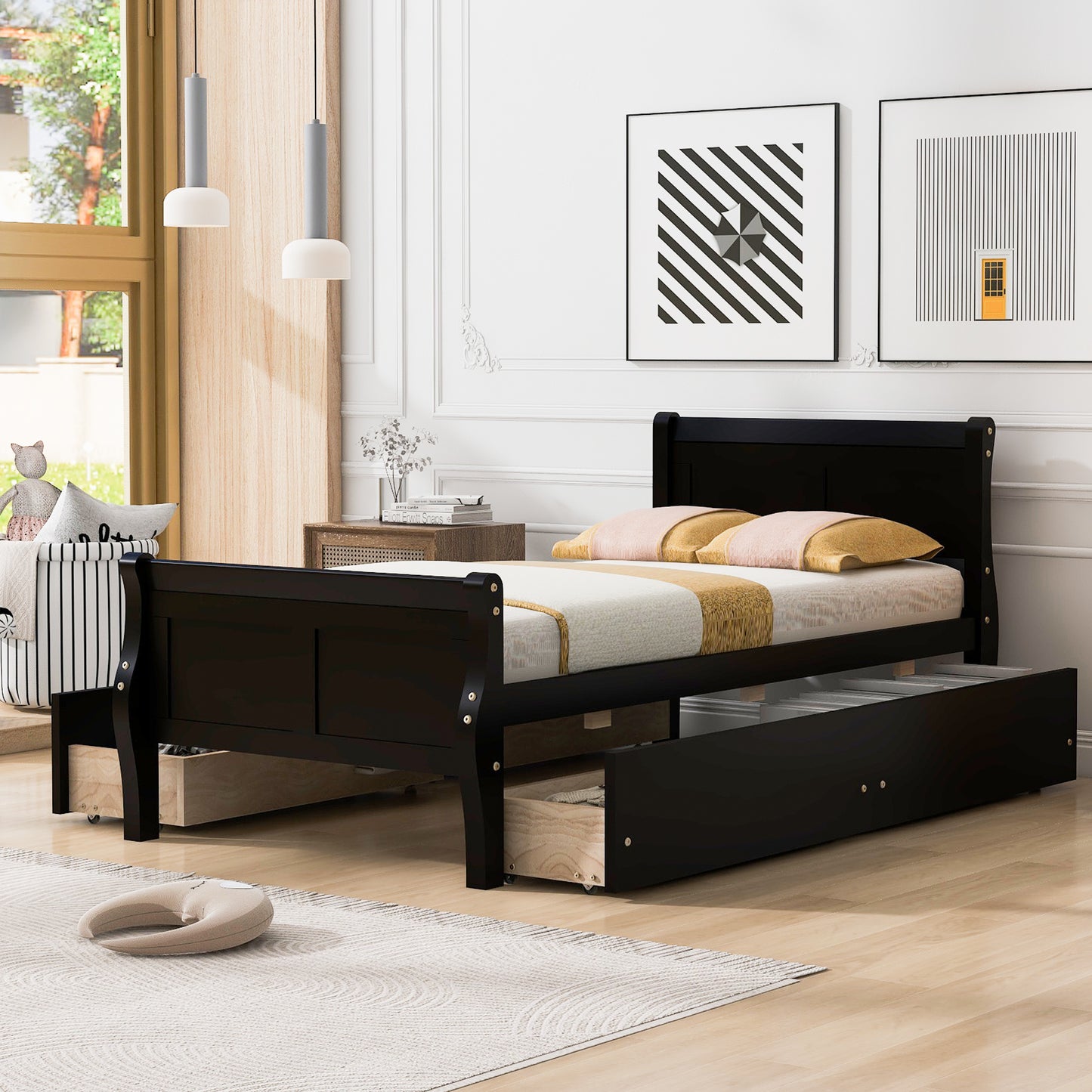 Meg Twin Size Wood Platform Bed with 4 Drawers - Espresso