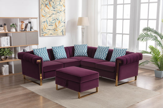 Maddie Velvet 5-Seater Sectional Sofa with Storage Ottoman - Purple