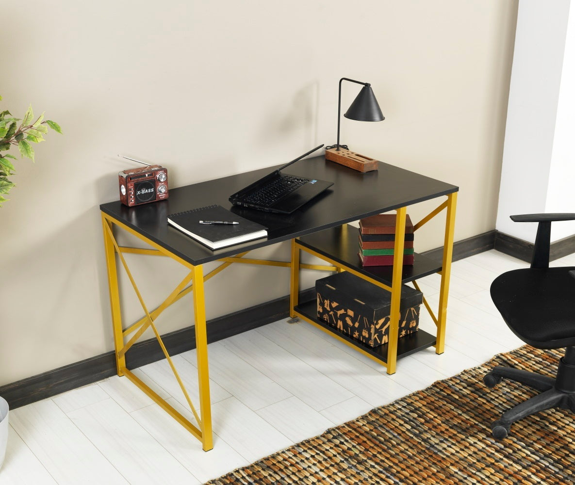 Morello Gold Metal Frame 47" Wooden Top Computer Desk -  Black