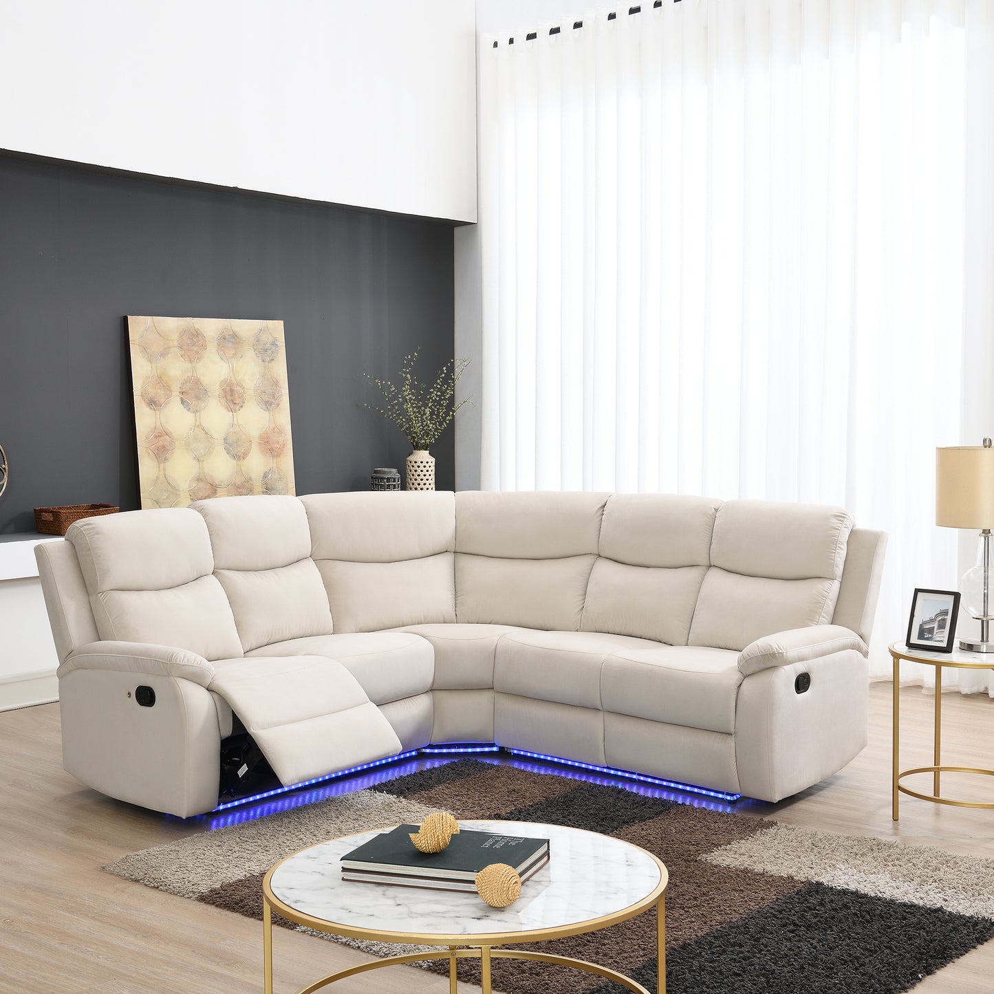 Maria Manual Recliner Chairs Set with LED Light Strip - Beige