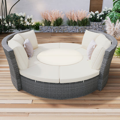 Marvelo 5 Pc Round Rattan Sectional Sofa Set - Beige