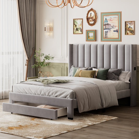 Shona Queen Size Velvet Platform Bed Frame - Gray