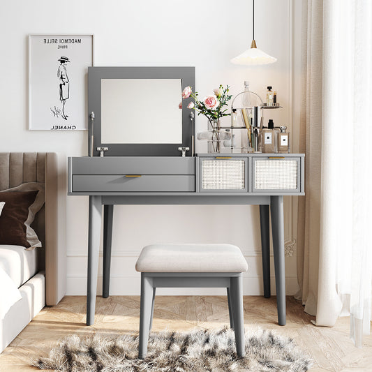 Classic Wood Vanity Set with Flip-top Mirror and Stool - Gray