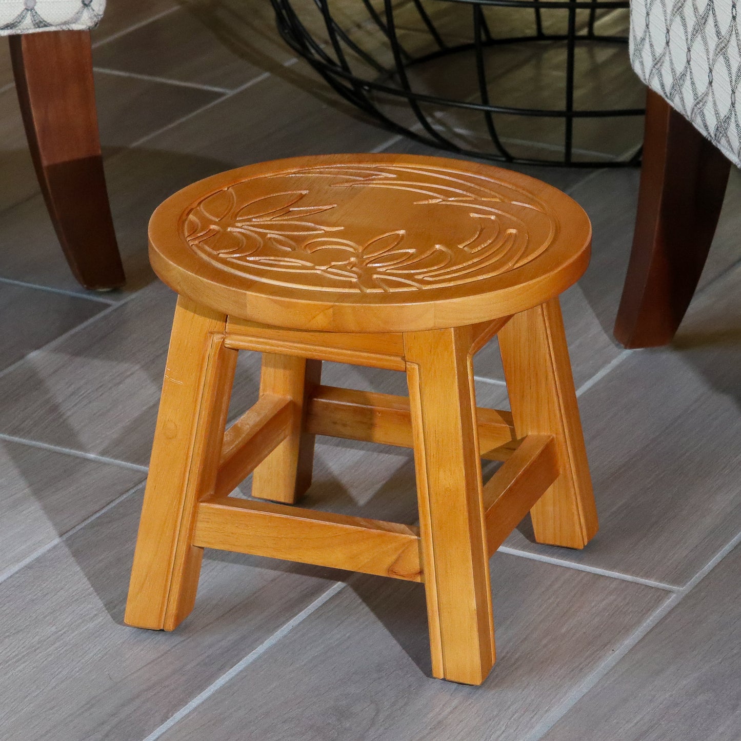 Flora Carved Wooden Step Stool - Natural