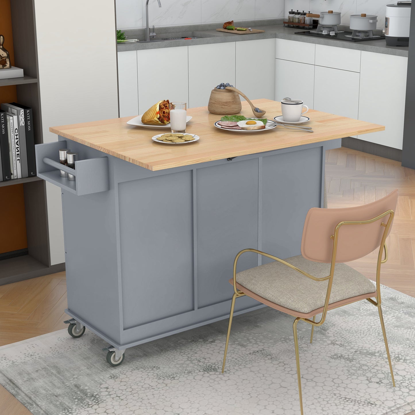 Oasis Kitchen Island with Solid Wood Top and Locking Wheels - Grey Blue