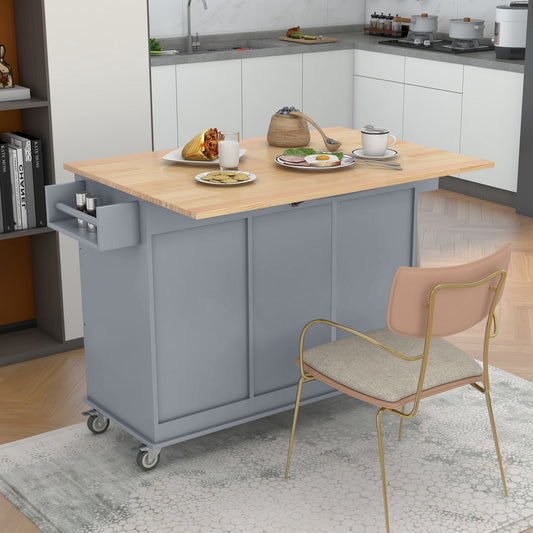 Oasis Kitchen Island with Solid Wood Top and Locking Wheels - Grey Blue