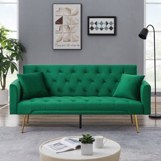 Tasa Velvet Futon Sofa Bed with Metal Legs & 2 Pillows - Green
