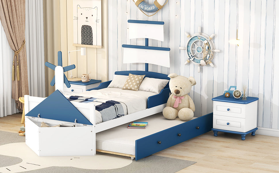 Seaside 3-Piece Bedroom Set: Twin Size Boat Platform Bed and Two Nightstands