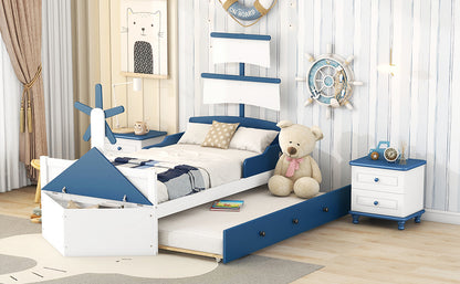 Seaside 3-Piece Bedroom Set: Twin Size Boat Platform Bed and Two Nightstands