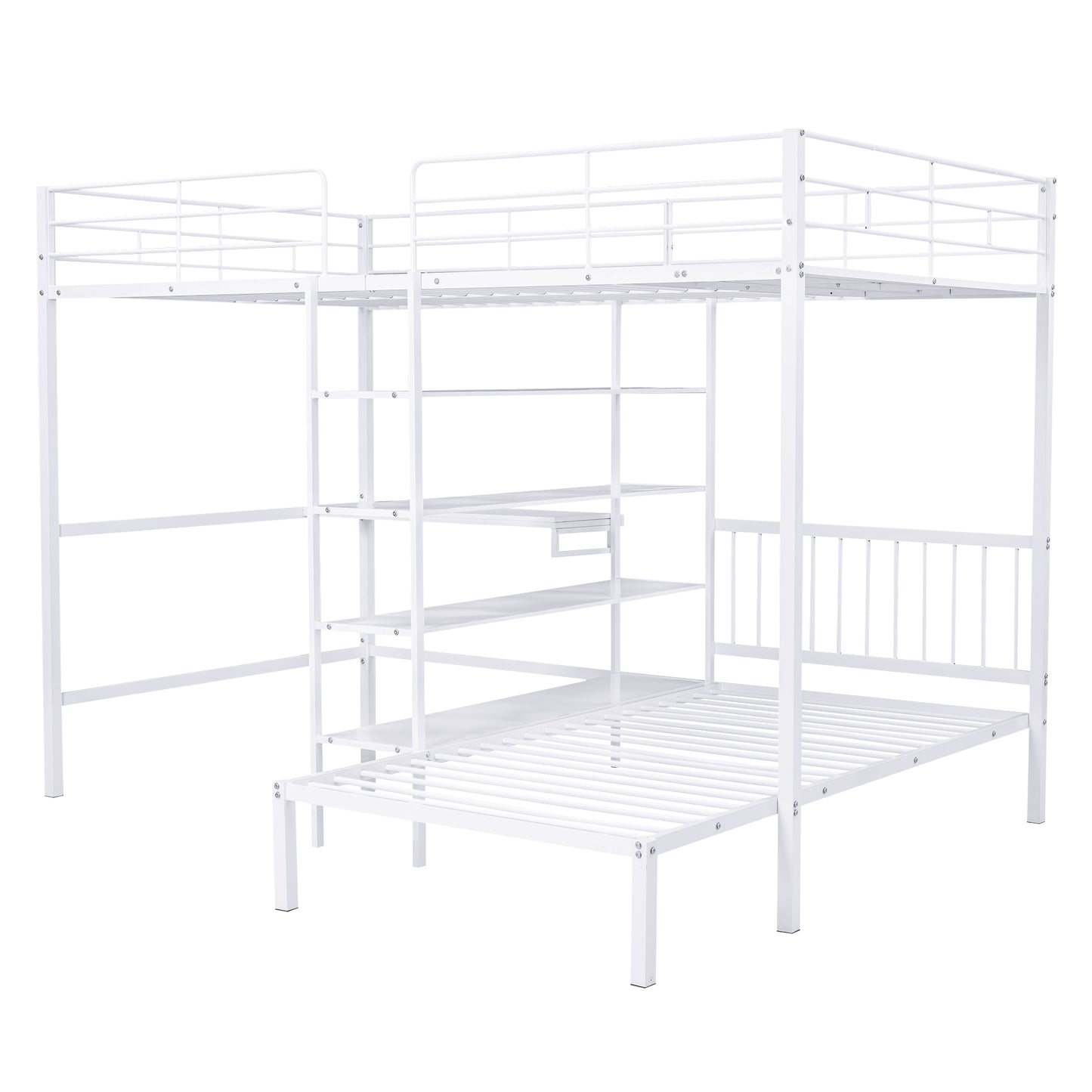 Harmony Haven Twin Loft Bed with Integrated Desk, Storage, and Staircase, Snow White