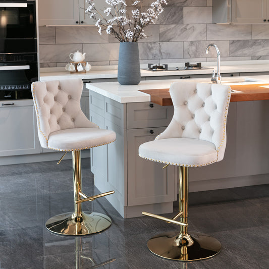 Stellar Golden Swivel Velvet Barstools Adjusatble Height - Beige  Set of 2