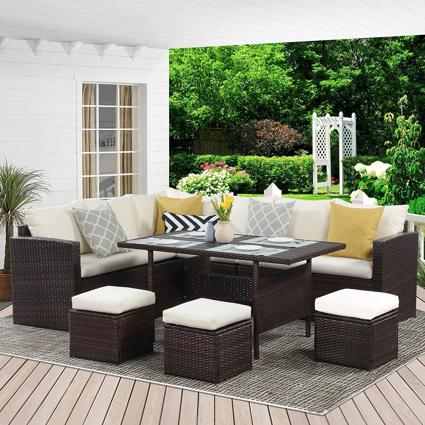 Kyoko 7 Pc PE Rattan Wicker Patio Dining Sectional Cusions Sofa Set - Ivory