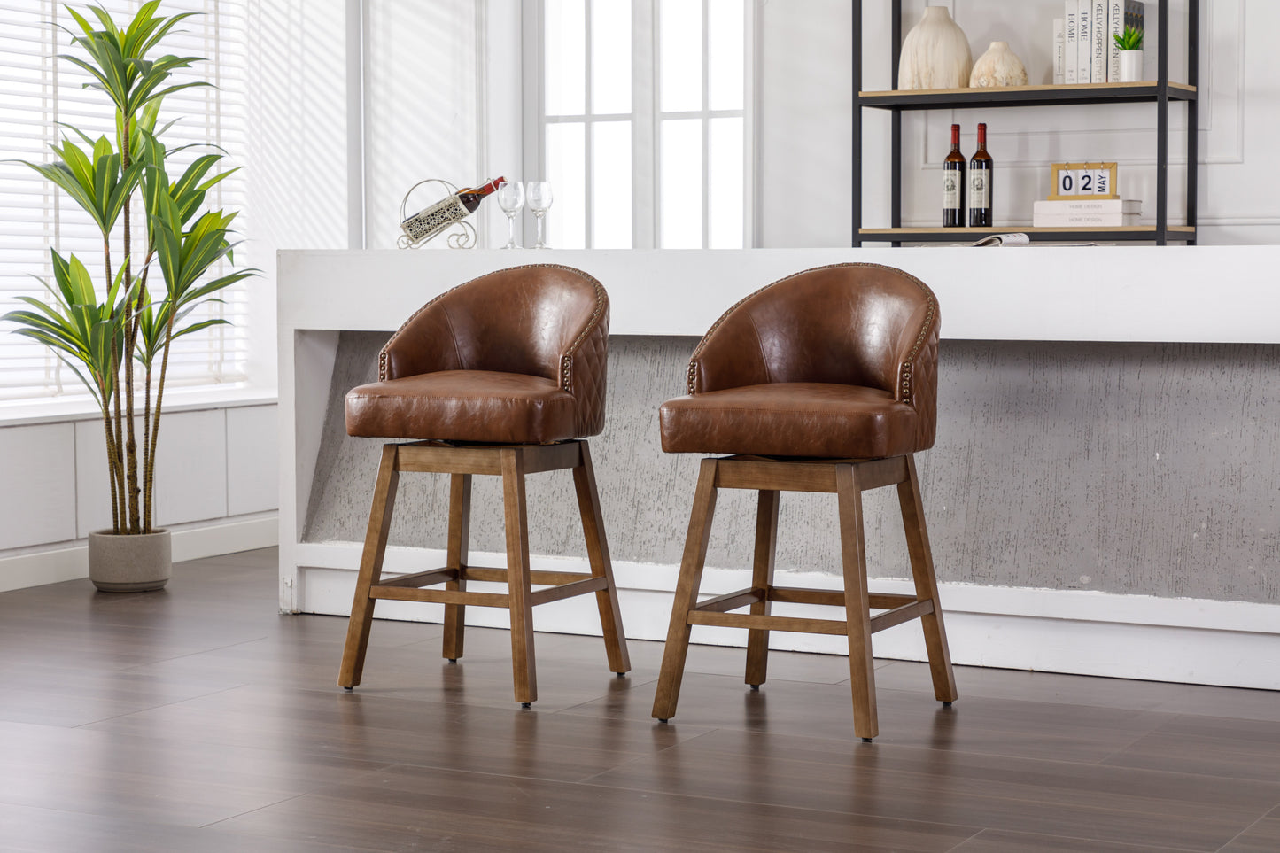 COOLMORE PU Leather Bar Stools - Brown Set of 2