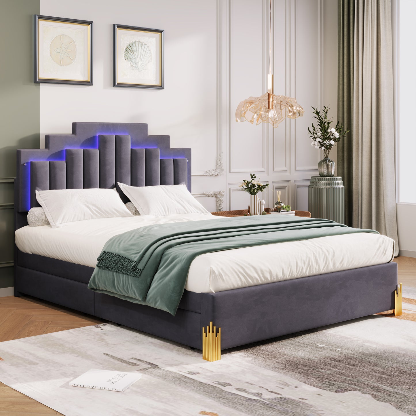 Neco Queen Size Platform Bed with LED and 4 Drawers - Gray