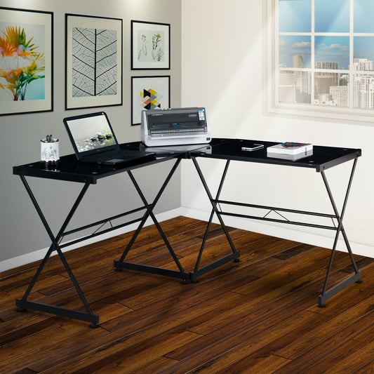 Go Green Woods L-Shaped Glass Computer Desk - Black