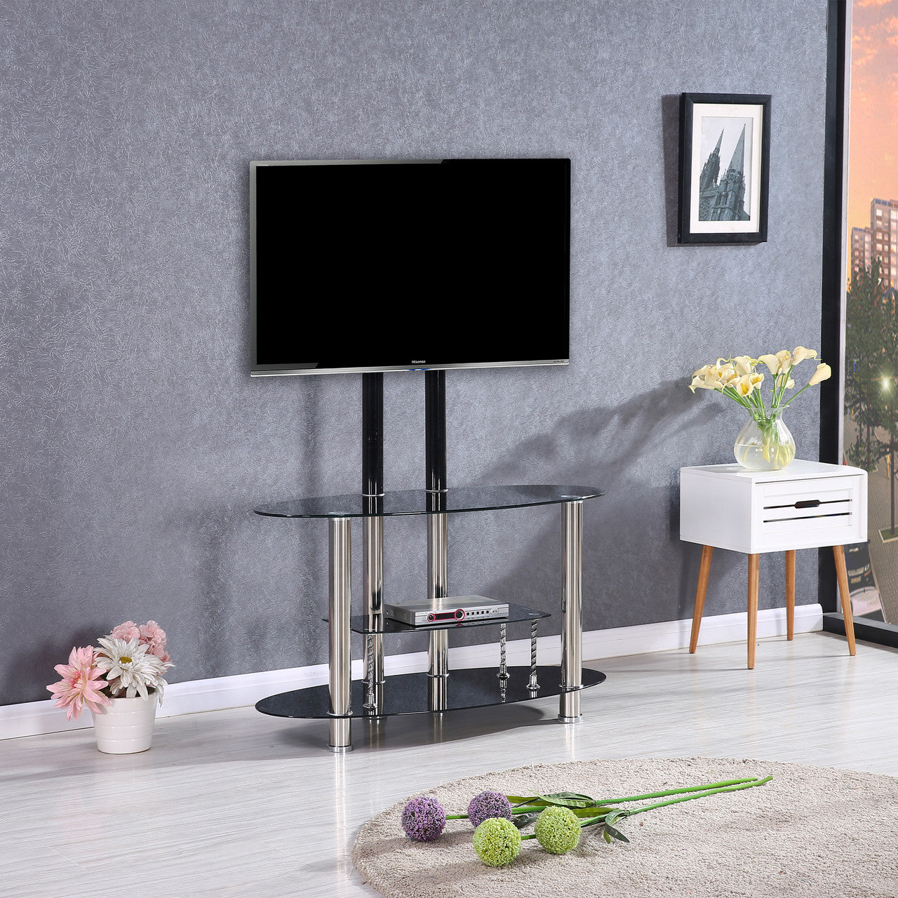 Go Green Woods Zoe Tempered Glass TV Stand with Mount for 55-inch TV Black