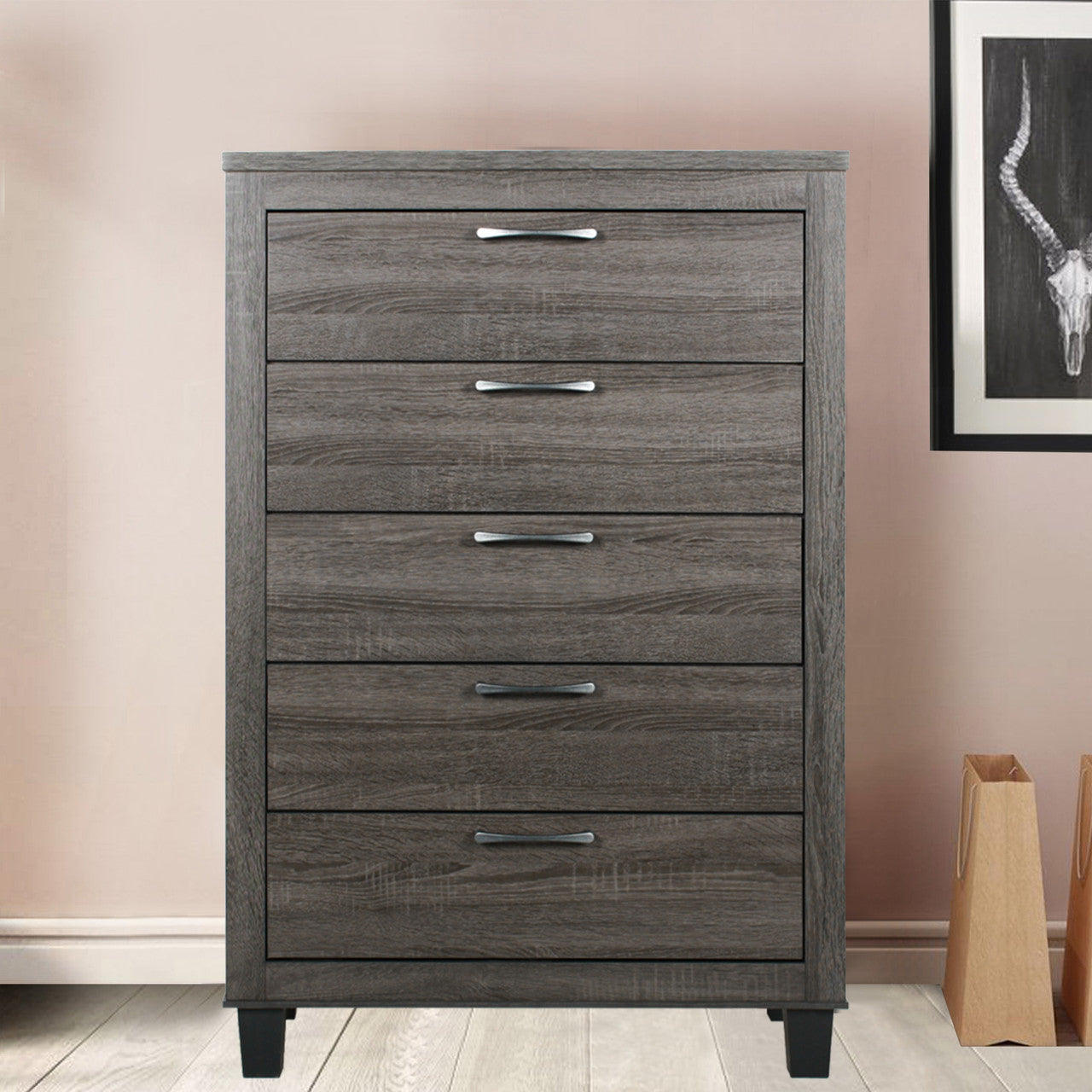 Go Green Woods Silver Fox 5 Drawer Chest of Drawers in Gray Woodgrain