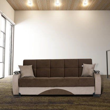 Besan Dark Beige Fabric w-Wood Arm Sofa Bed