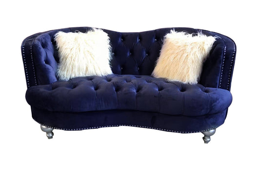 Coastal Blue Velvet Button Tufted Loveseat