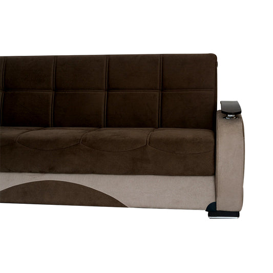 Besan Dark Beige Fabric w-Wood Arm Loveseat